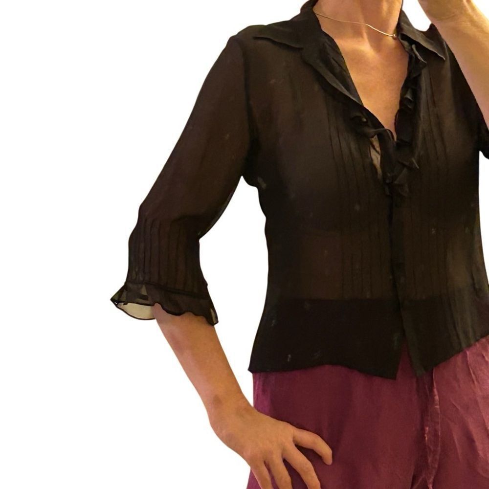 Vintage silk sheer Whimsigoth Ruffles Spenser Jeremy Black V Neck Blouse 8 M - Picture 5 of 13